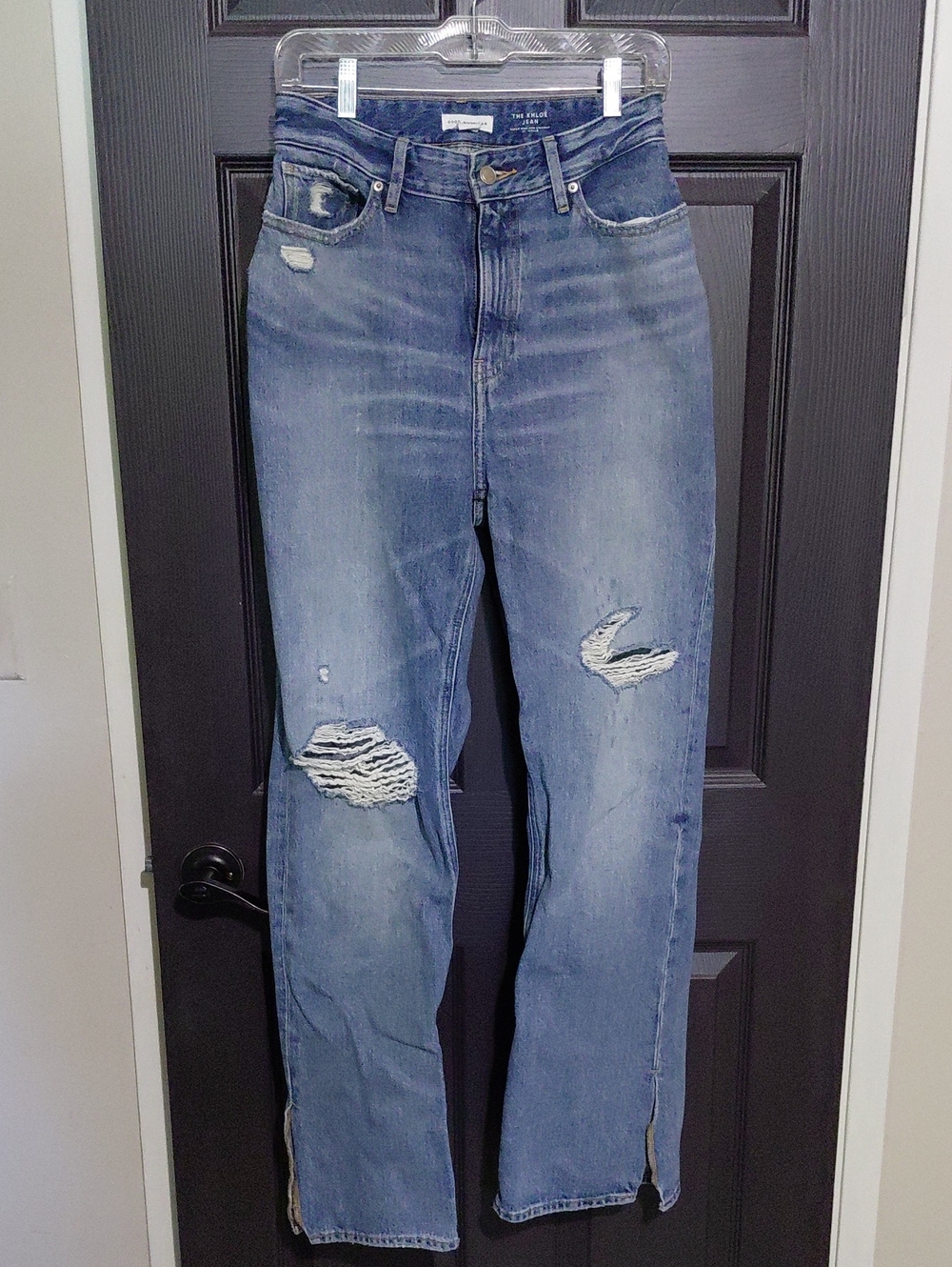 Good American Distressed Straight Leg Jeans in Light Blue